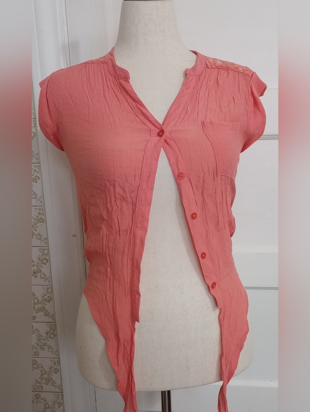 Mine Coral Pink Short Sleeve Button-Front Blouse